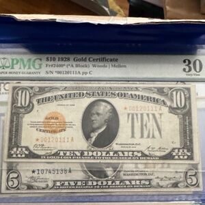 1928 $10 Gold Certificate Historical Banknote - Black and Gold Star note